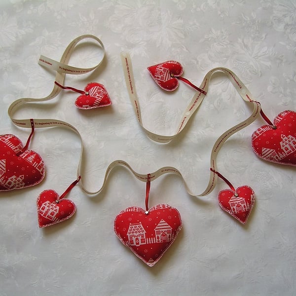 Christmas bunting, red and white Scandinavian style garland, hand stitched