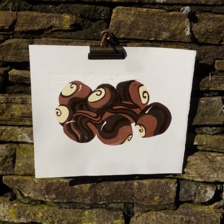 Original Lino print "A handful of horse chestnuts"