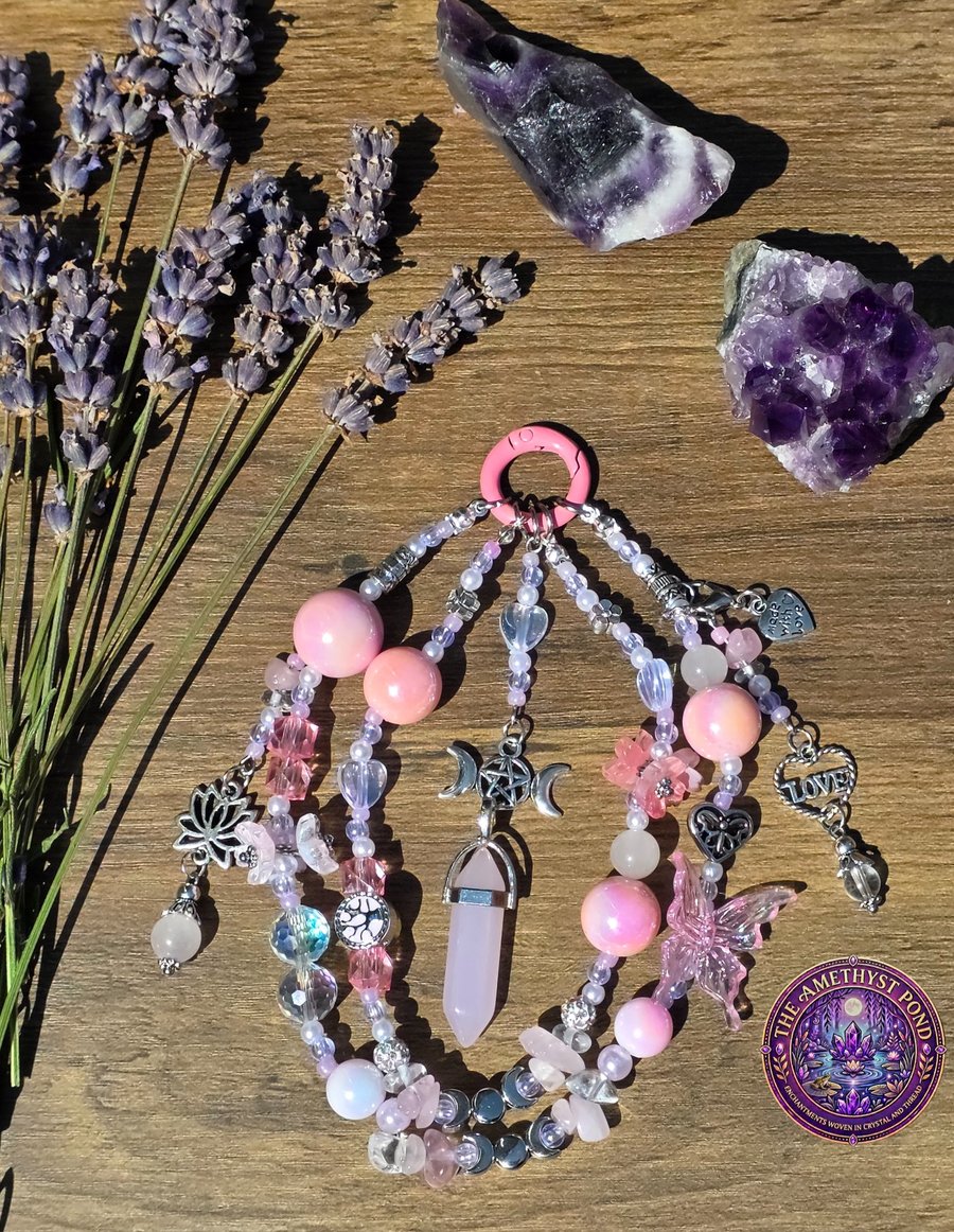 Rose Quartz Triple Moon Bag Charm, Lotus Crystal Keyring, Spiritual Accessory