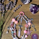 Rose Quartz Triple Moon Bag Charm, Lotus Crystal Keyring, Spiritual Accessory