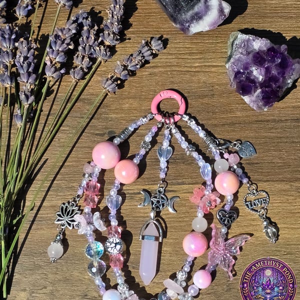 Rose Quartz Triple Moon Bag Charm, Lotus Crystal Keyring, Spiritual Accessory