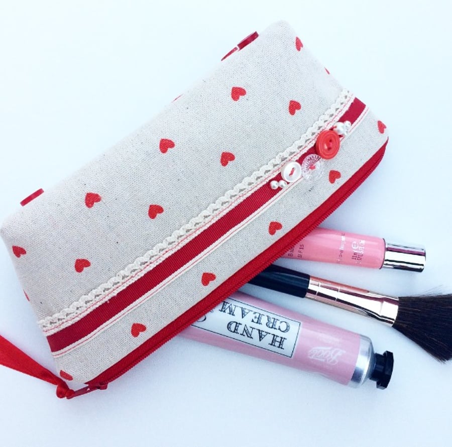  Red Polka Hearts Makeup Bag, Pencil Case, Cosmetics Case, Zipper