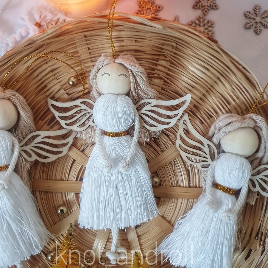 Macrame angel tree decoration wooden wings 