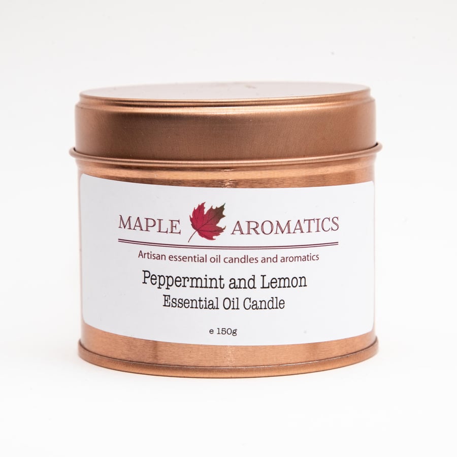 Maple Aromatics Peppermint and Lemon Soy Wax Rose Gold 150g Candle Tin