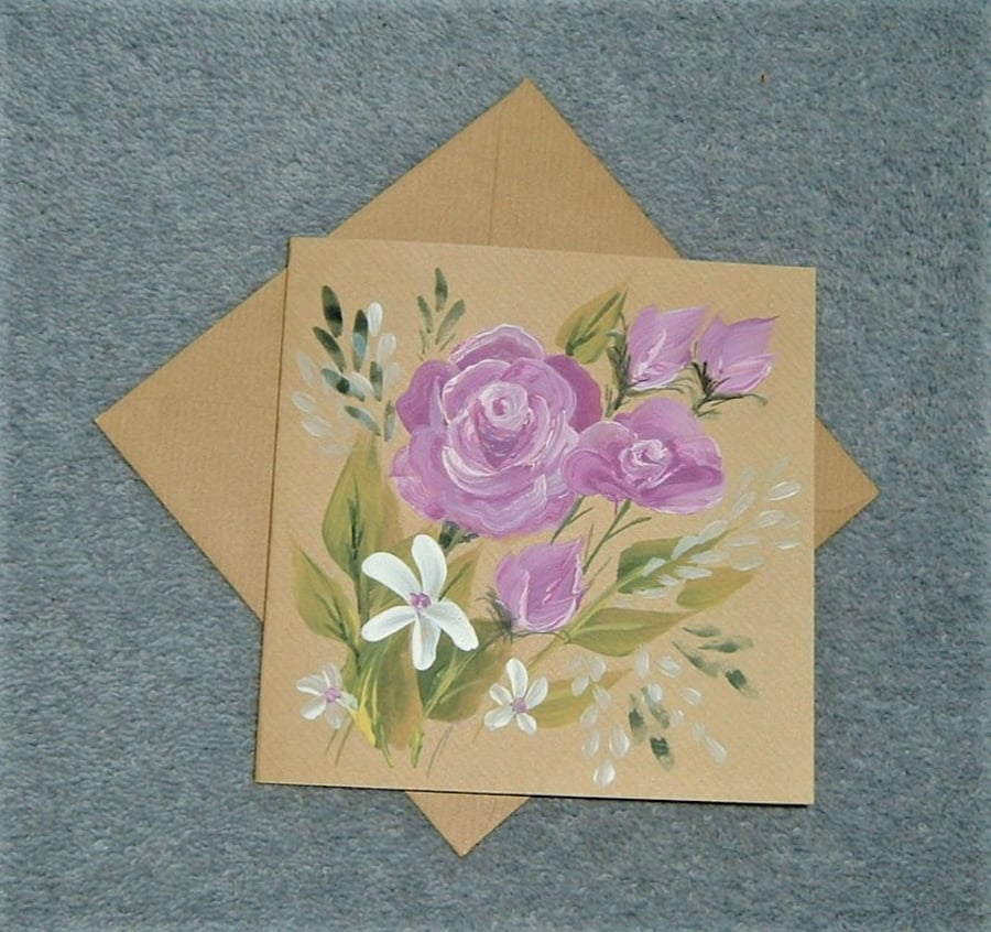 hand painted original art floral blank greetings card ( ref F 962 )