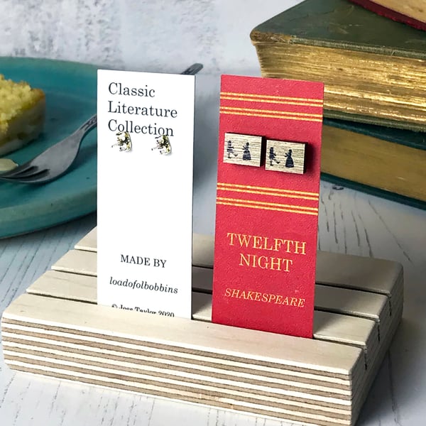 Classic Literature - Twelfth Night Silhouette Illustration Wooden Stud Earrings