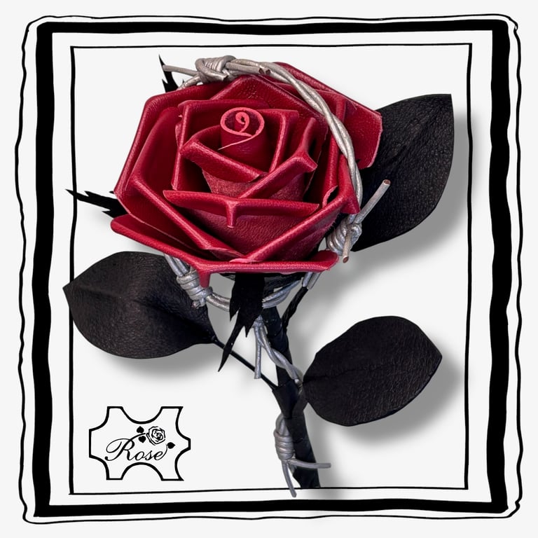  Dark Red Leather Rose with ‘Barbed Wire’. Alternative, Gothic Dark Romance Gift