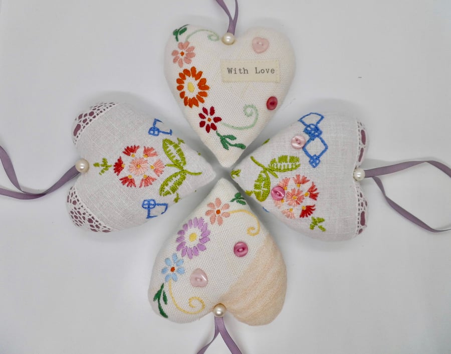 SOLD CLEARANCE Four Heart decorations lavender scented embroidered flowers
