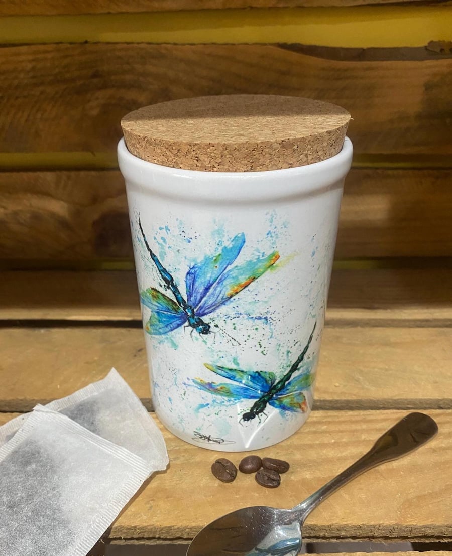 Dragonfly Watercolour Ceramic Storage Jar with Cork Lid, Wildlife Art by Artist 