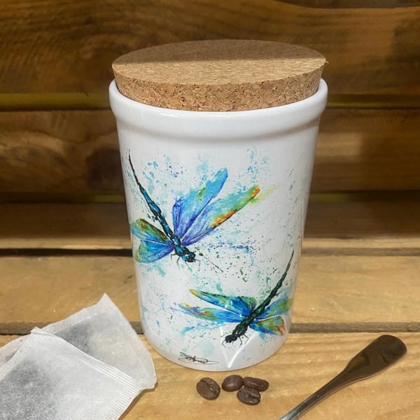 Dragonfly Watercolour Ceramic Storage Jar with Cork Lid, Wildlife Art by Artist 