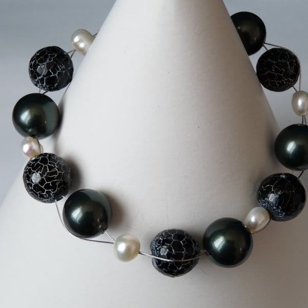 Freshwater Pearl, Fire Agate, Shell Bracelet  - Sterling Silver 