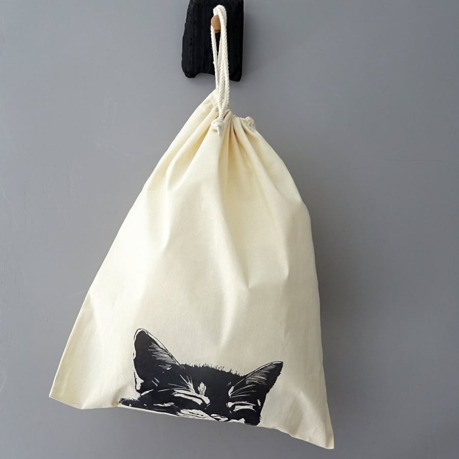 Sleeping Cat Drawstring Bag - Re-Usable Cotton Bag