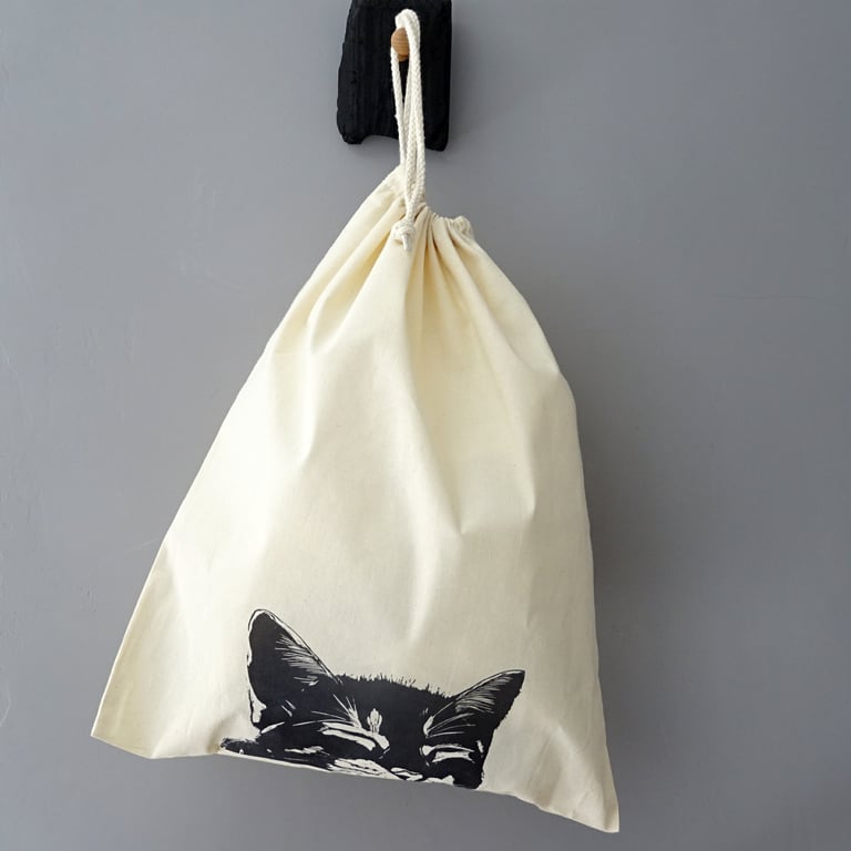 Sleeping Cat Drawstring Bag - Re-Usable Cotton Bag, cat lover, laundry gym bag
