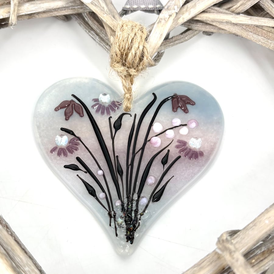 Delicate Purple & Black Glass & Wicker Hanging Heart in Neutral Shades 