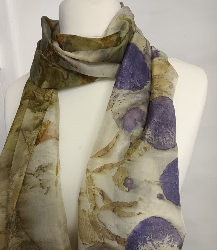 Ecoprinted pure silk scarf unique hand dyed.