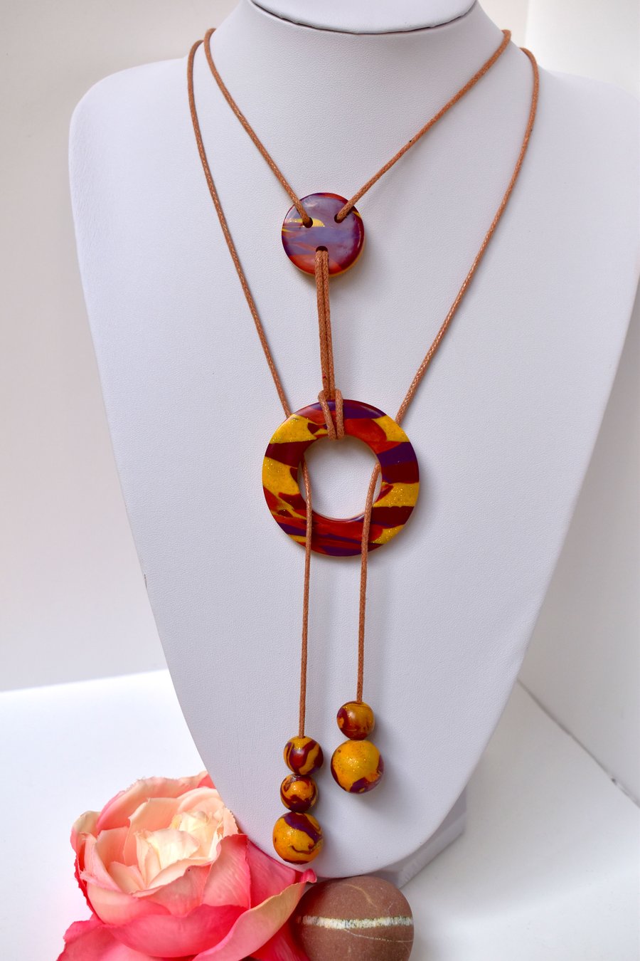 Gold, Metallic Copper, Bordeaux & Purple Polymer Clay Lariat Necklace