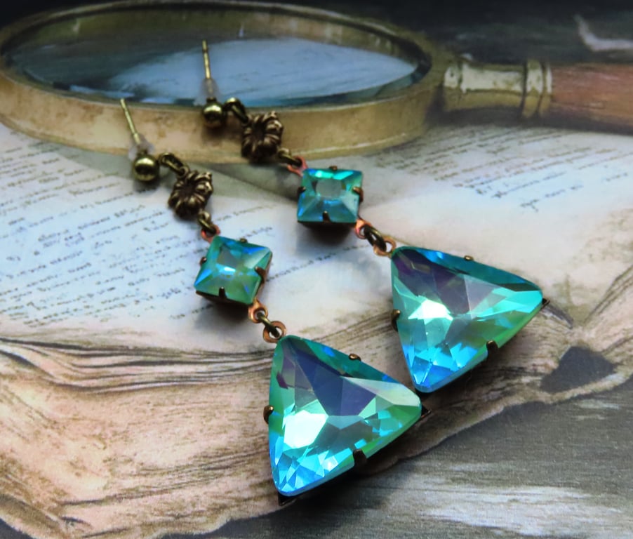 Art Deco Style Triangular Peridot Green Crystal and Antiqued Brass Earrings