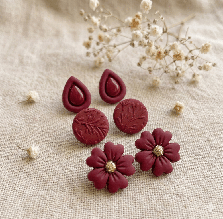 Burgundy Flower Stud Earring Set, 3 Pairs of Floral Boho Clay Earrings