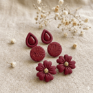 Burgundy Flower Stud Earring Set, 3 Pairs of Floral Boho Clay Earrings