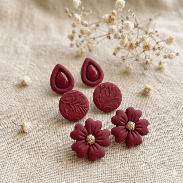 Burgundy Flower Stud Earring Set, 3 Pairs of Floral Boho Clay Earrings
