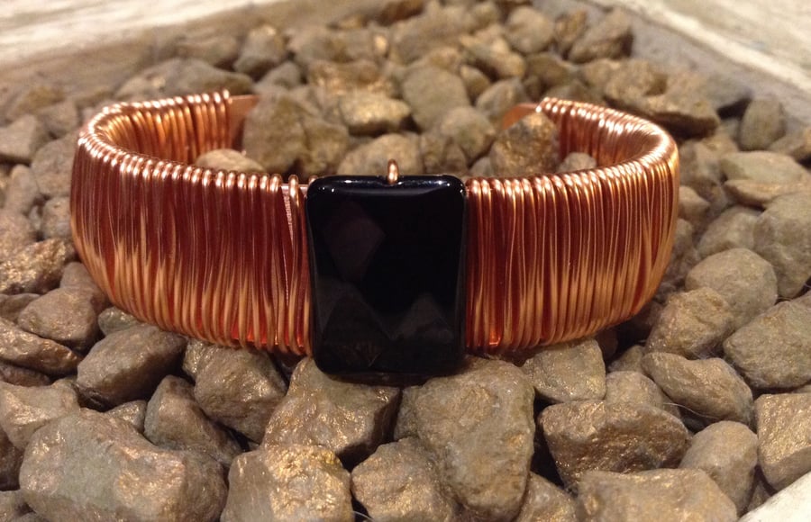 Copper cuff bracelet with black onyx