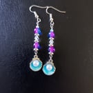 Silver and blue scallop shell beaded dangle earrings 