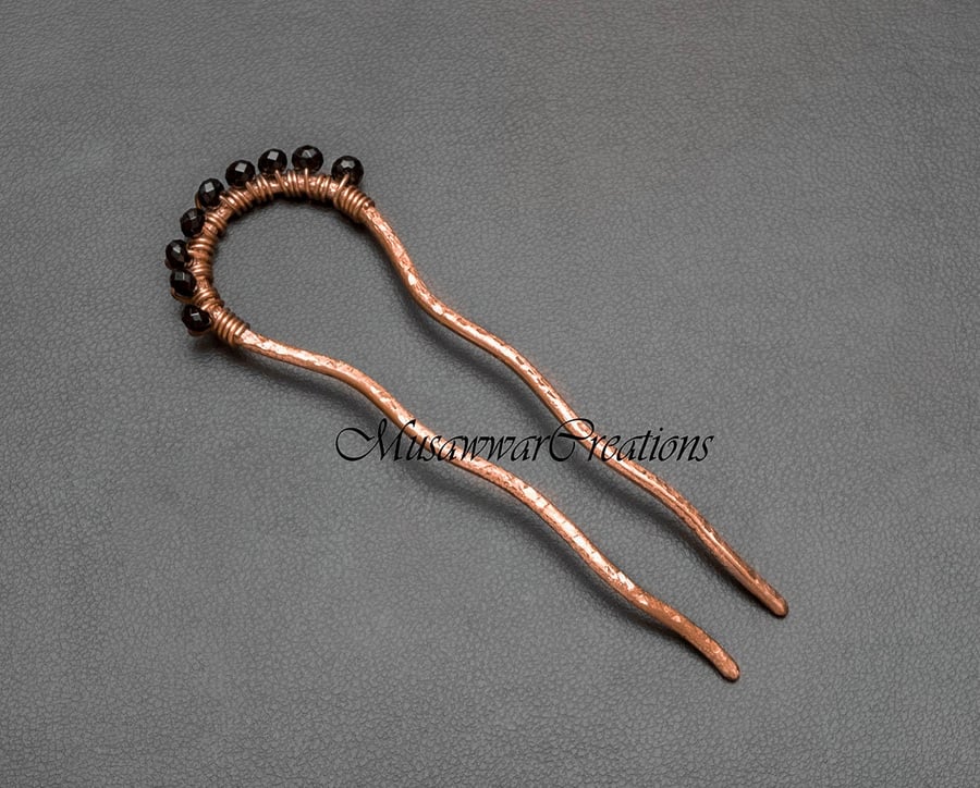 Copper Hair forks, black faceted copper textured hair bun pin- Hair bun Stick-Ha