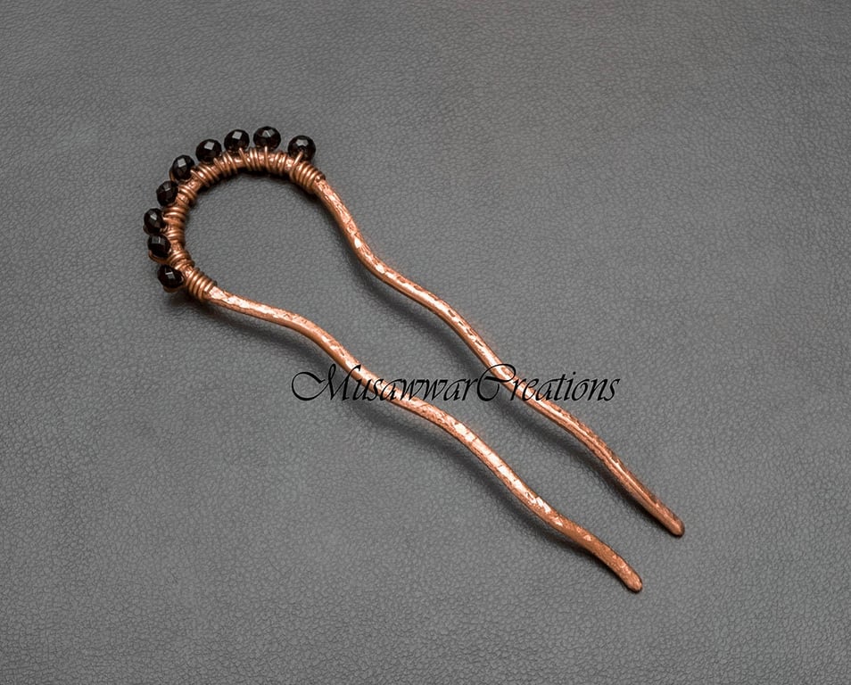 Copper Hair forks, black faceted copper textured hair bun pin- Hair bun holder