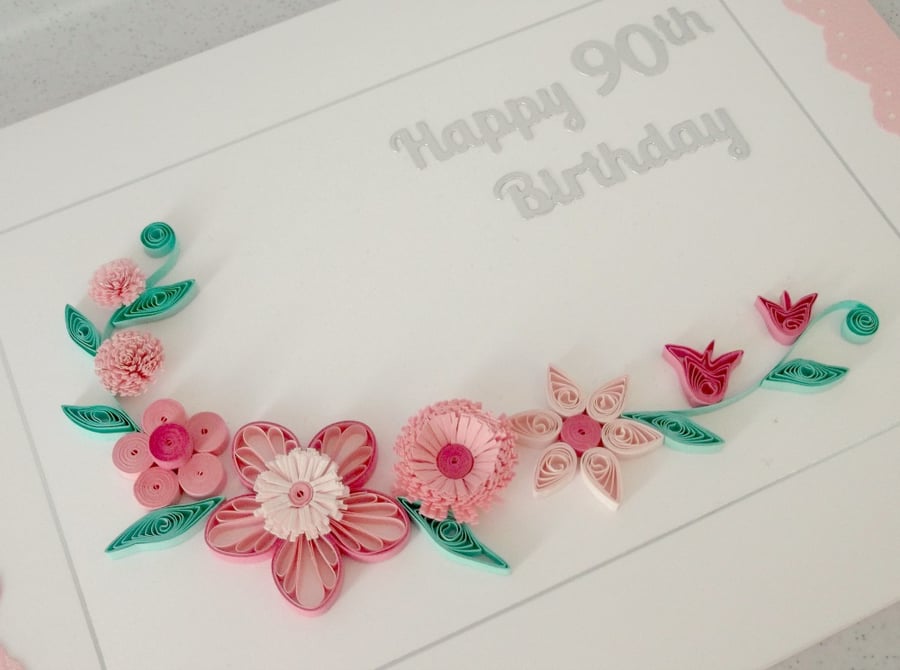 90th birthday card, handmade, personalised, quilled
