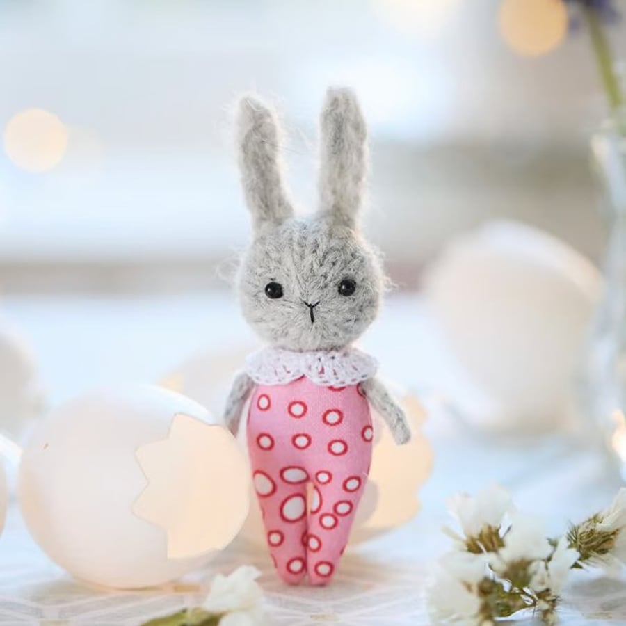 Easter Bunny ornament, miniature rabbit doll, pink outfit