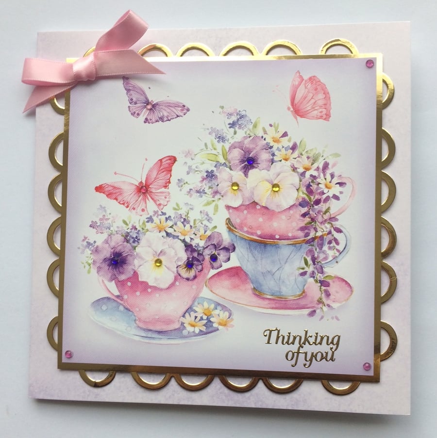 Thinking Of You Card Teacups of Pansies with Butterflies 3D Luxury Handmade Card
