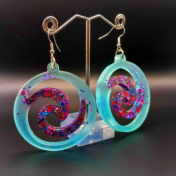 Large Blue and Multi Coloured Sequin Swirl Circular Drop Earrings