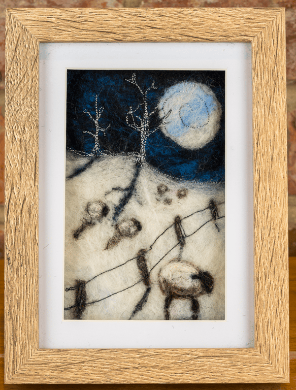 Framed Wool Art: Moonlit Sheep - Handcrafted felt landscape in a wood frame