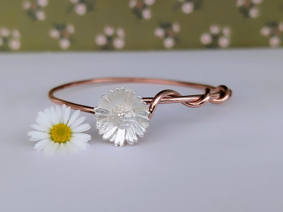 Ladies Copper Bangle with Silver Daisy Flower - Handmade Jewellery