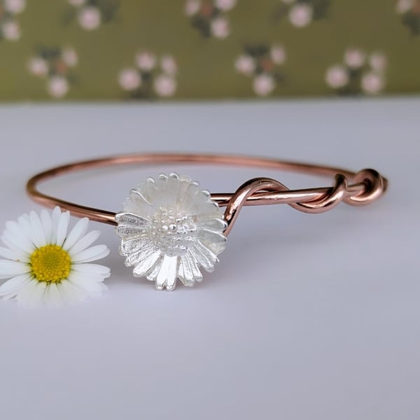Ladies Copper Bangle with Silver Daisy Flower - Handmade Jewellery