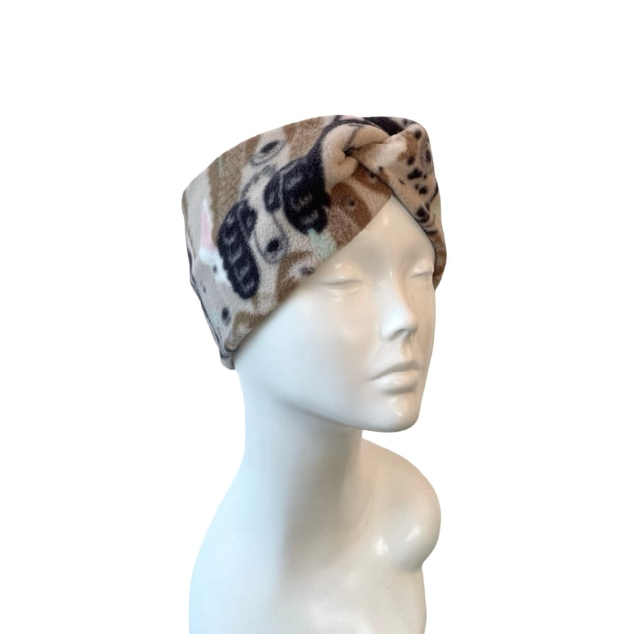 Dog Print Fleece Headband Soft Wide Adult Twist Winter Ear Warmer Dog Mum Gift