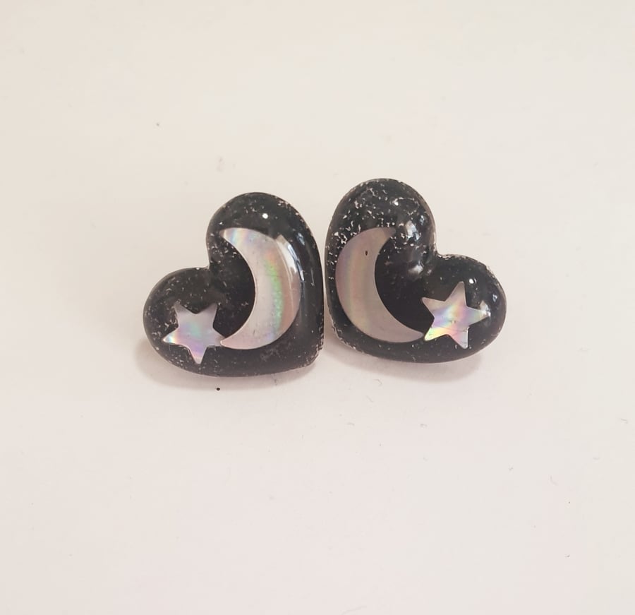 Large moon and star black glitter heart stud earrings