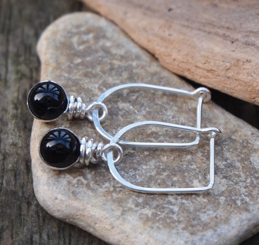 Silver black onyx earrings, silver drop earrings