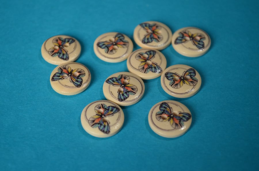 15mm Wooden Butterfly Buttons Blue Orange Natural Wood 10pk Butterflies (SNF15)