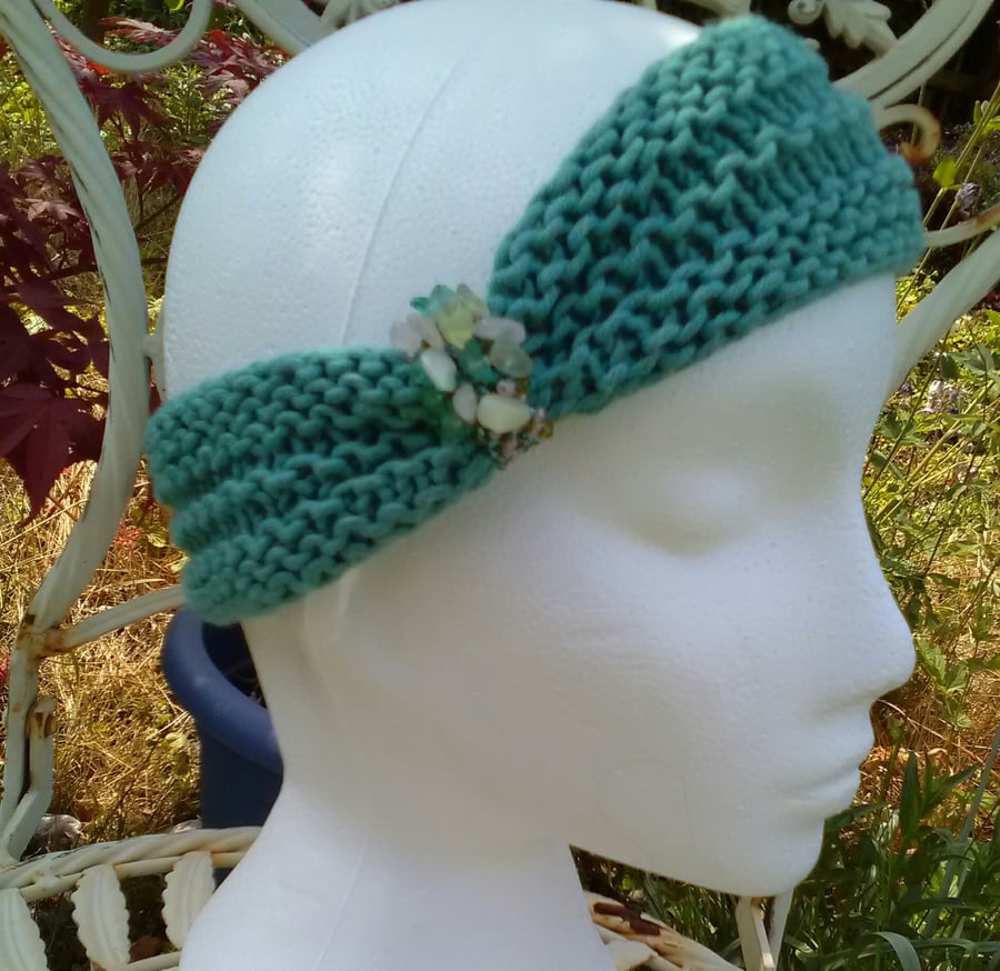 HEADBAND SALE! SKINNY BLINGY HAIRBAND HandKnit BAMBOO Sea Turquoise SMALL