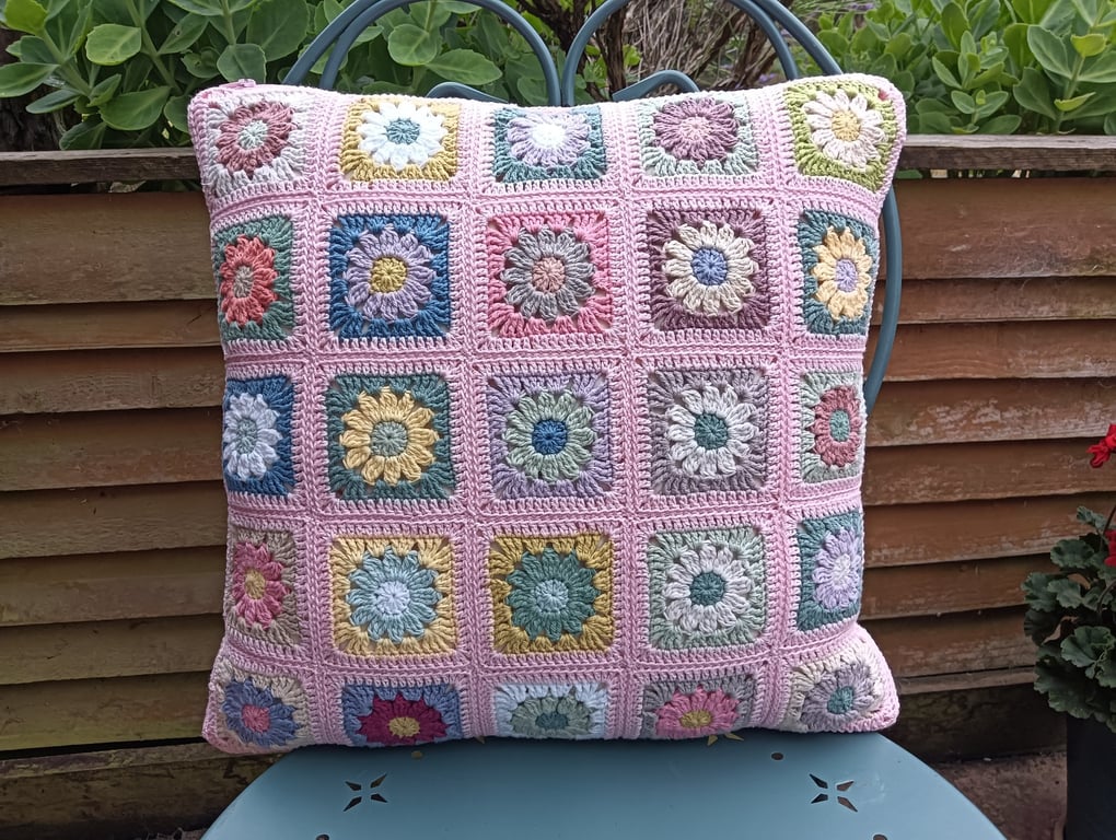 Crochet granny square cushion cover