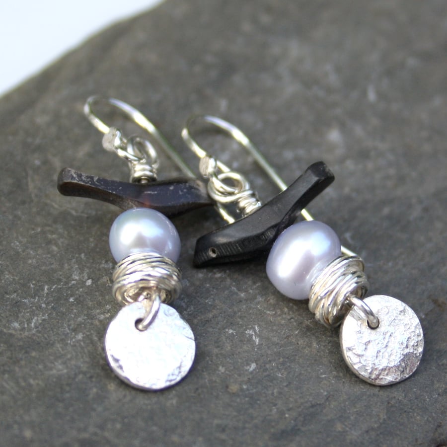 Silver, pearl and horn Bird Nest earrings
