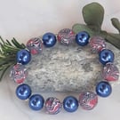 Dark magenta, navy and white polymer clay stretch beaded bracelet  