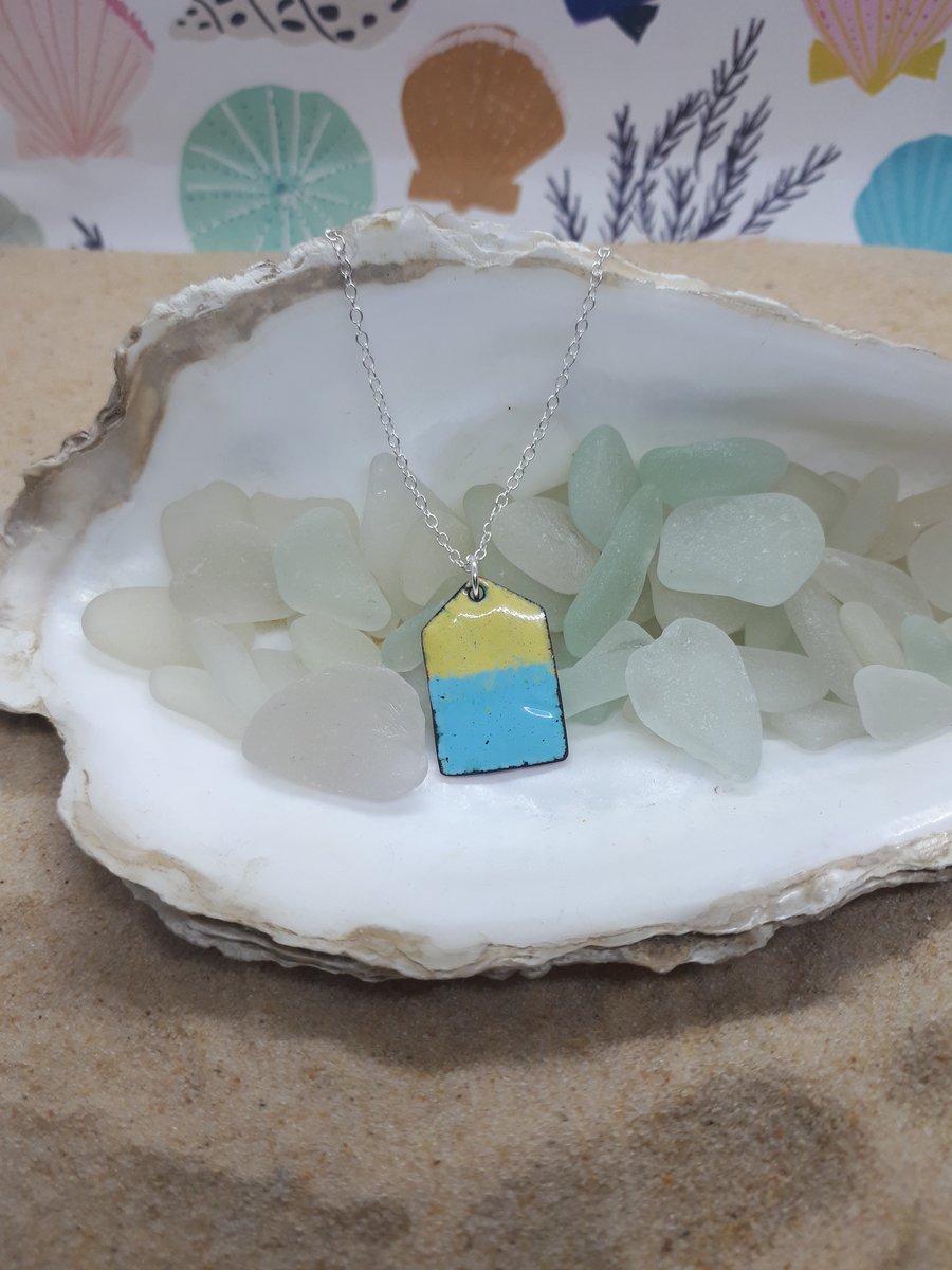 Yellow and pale blue reversible beach hut pendant