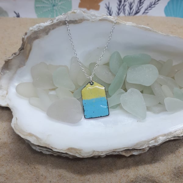 Yellow and pale blue reversible beach hut pendant