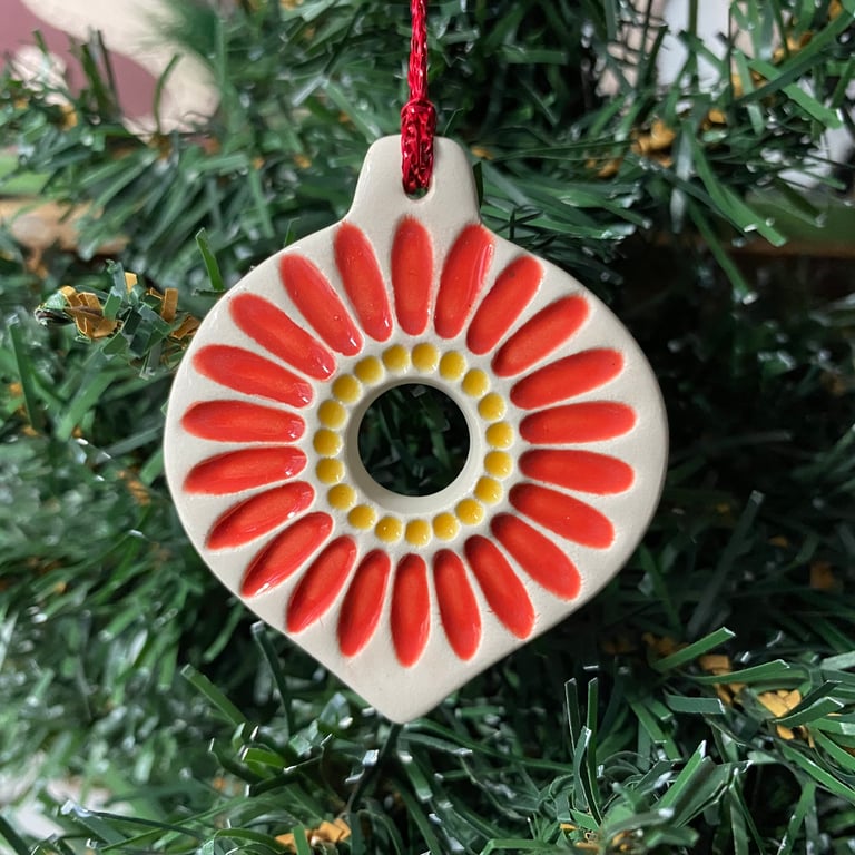 Pottery Bauble Christmas decoration red and yellow