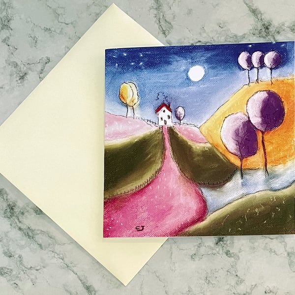 NIGHT TIME ON THE HILL: Greetings card - blank inside
