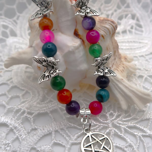Agate Butterfly Stretch Bracelet with Pentacle Charm.  Free UK Postage  