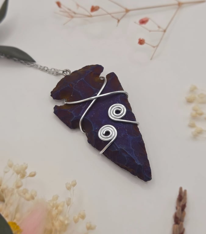 Wire-wrapped rainbow arrowhead stone pendant necklace, electroplated agate