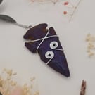 Wire-wrapped rainbow arrowhead stone pendant necklace, electroplated agate